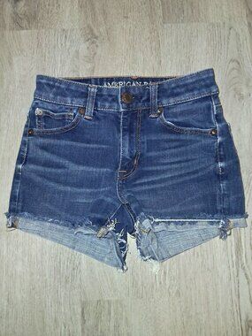 American Eagle Stretch Hi-Rise Shortie Shorts Size 00 Dark Wash Distressed Denim